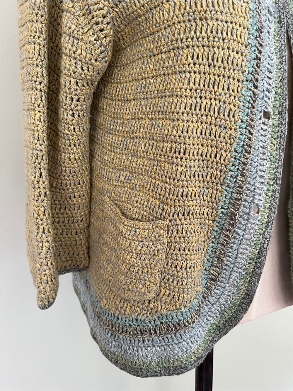 J.Jill Vintage Light Olive Crochet Open-Front Cardigan with Seafoam Trim - Picture 5 of 9